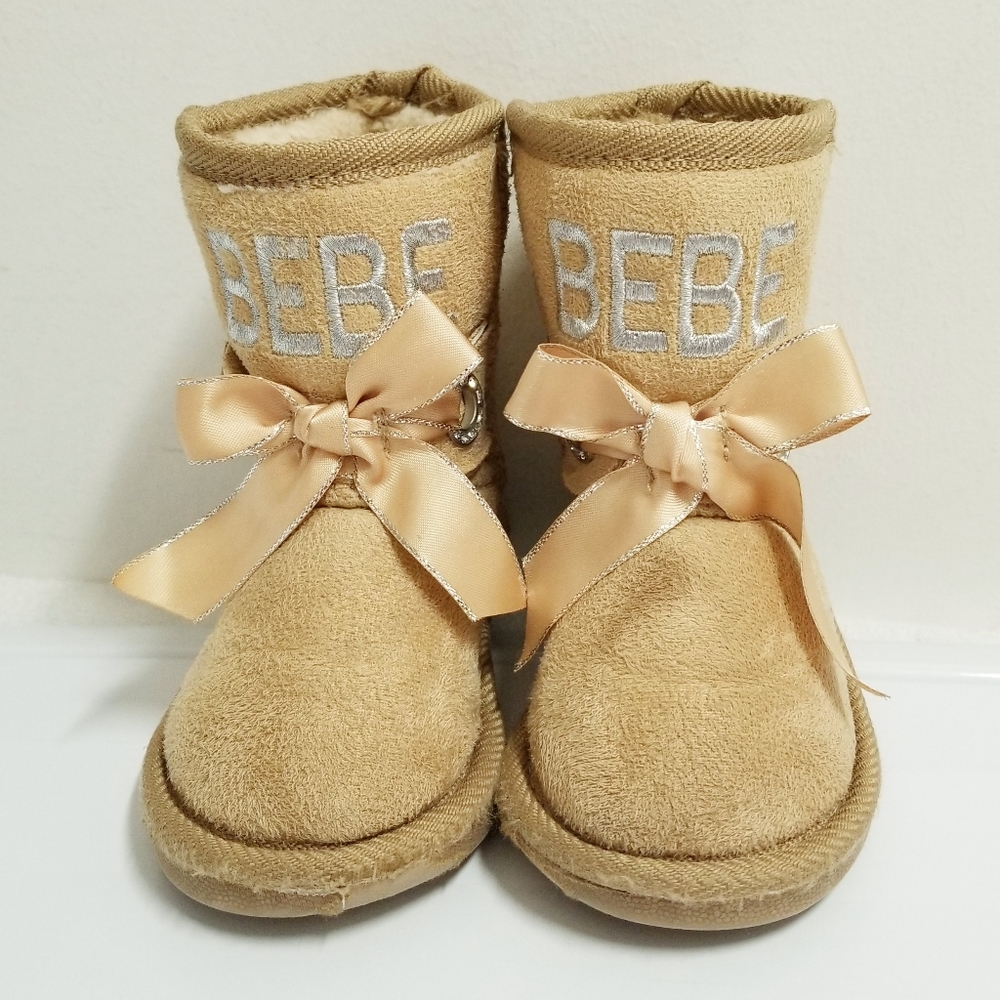 Bebe Toddler Girl's Tan Mid Calf Logo Boots with Satin Bow & Rhinestone Baby 7